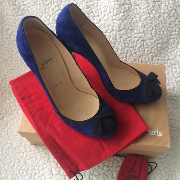 Christian Louboutin Blue Suede Lavalliere Pointed-Toe Bow Pump - Picture 1 of 13